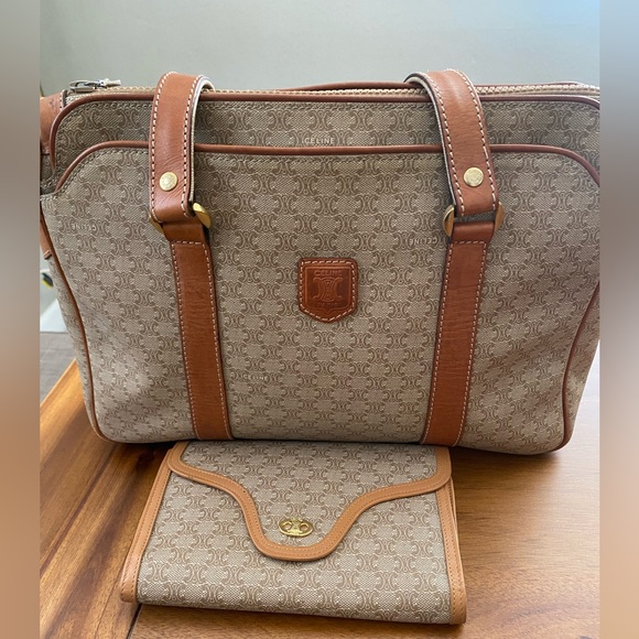 Authentic Celine Vintage Macadam Shoulder Bag Women Beige Brown - Picture 1 of 16